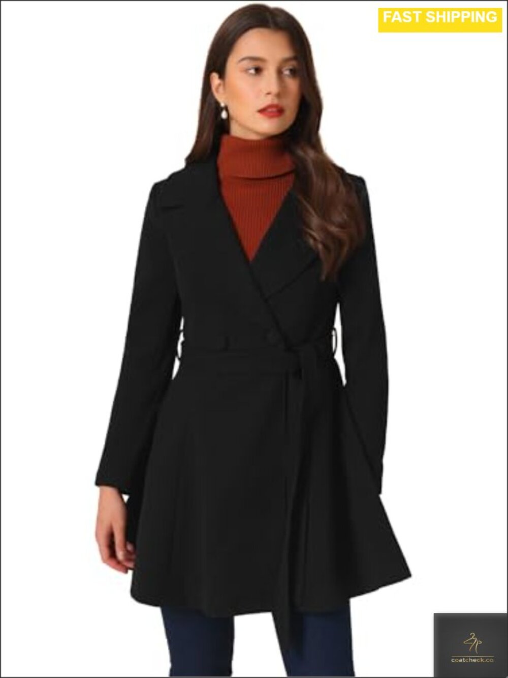 Women's Winter Pea Coat A-Line Double Breasted Belted Overcoat
